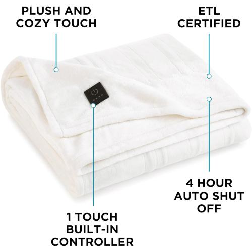 Brookstone Electric Heated Plush Throw - Heated Blankets - 4 Heat Settings, 4-Hour Auto Shut Off, 100% Polyester, 50x60 - Ivory