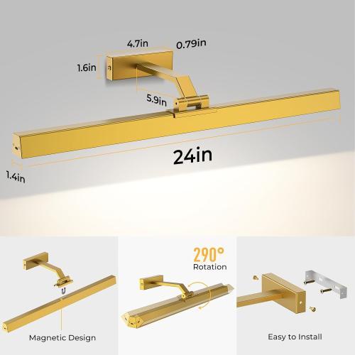 Size Medium Color Gold Picture Lights for Wall, Battery Operated Picture Light 24in Gallery Light for Paintings CCT Dimmable Recharging Battery Wall Light with Remote Control for Living Room Gallery Dartboard