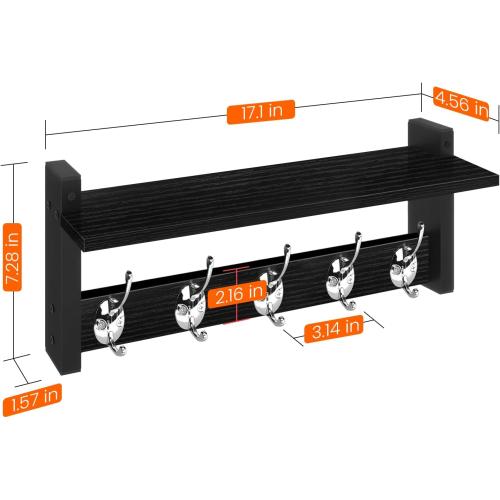 Homode Wall Coat Rack With Shelf, Wood Entryway Hanger With Hooks, Small Floating Pegs for Hanging Coats, Hats, Purses, Backpacks, Black