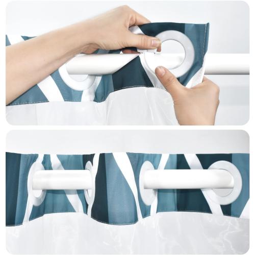 No Hook Aegean Blue Shower Curtain with Snap in Fabric Liner Set - Hotel Style with See Through Mesh Top Window, Modern Geometric Waterdrop Design,Waterproof and Washable, 71x74 INCH