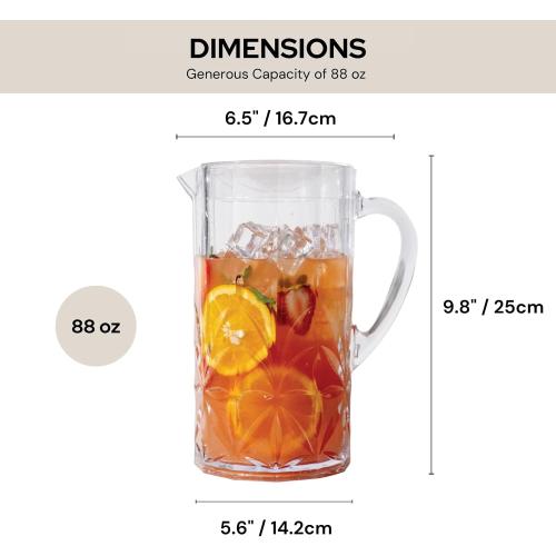 BELLAFORTE Shatterproof Tritan Plastic Water Pitcher with Lid, Myrtle Beach 88oz Unbreakable Drinking Jug for Orange Juice, Iced Tea & Water - Dishwasher Safe - BPA Free - Clear