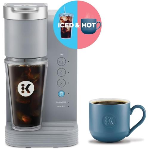 K -Express Essentials Plus Iced & Hot Single Serve Brewer, Adjustable Temp Brew Over Ice, Pods Compatible, Coffee Maker (Gray) NEEDS CLEANING