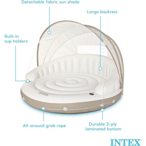 INTEX 58292EP Canopy Island Inflatable Pool Float: Comfortable Lounge Surface – Built-in Cup Holders – Detachable Sunshade – 440lb Max Weight Capacity – 78.5 x 59