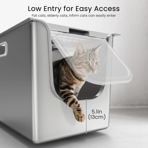 Stainless Steel Litter Box with Lid, Cat Litter Box with Door 14.5'' High Sides, XL Metal Kitty Litter Pan, Pet Toilet with Wheels for Easy Mobility, Anti-Leakage, Non-Sticky, Easy Clean