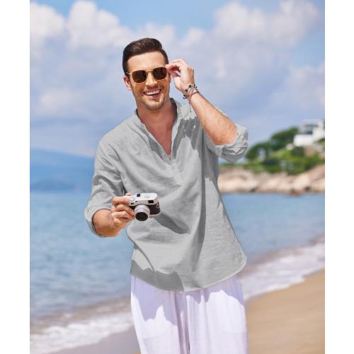 COOFANDY Men's Cotton Linen Henley T-Shirt Long Sleeve Hippie Casual Beach T-Shirts
