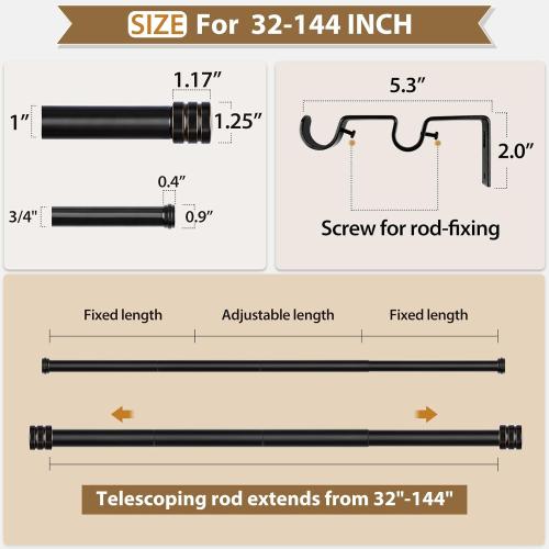 TONIAL1 Inch Double Curtain Rods for Windows 66 to 120 Inches, Heavy Duty Decorative Drapery Rod 32 to 144 Inches with Classic Cap Finial, Black