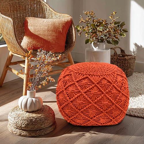Orange 20x14 COTTON CRAFT Macrame Braided Pouf - Knitted Cotton Cord Comfortable Round Dori Pouf - Prefilled Ottoman Footrest Bean Bag - Stuffed Boho Moroccan Accent Seating - Nursery Bedroom Dorm - 20x14 - Orange