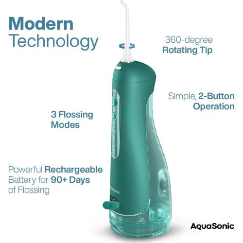 AquaSonic Aqua Flosser PRO - Rechargeable Electric Cordless Water Flosser for Teeth, Gums & Tongue - Waterproof Modern Design, 300ml Large Tank, 3 Modes, 6 Jet Tips, Deluxe Tongue Nozzle - Green