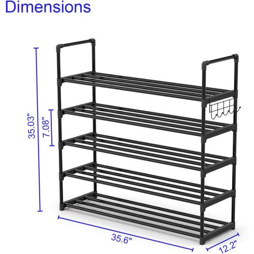 Hsscblet 5 Tiers Metal Shoe Rack,Adjustable Shoe Shelf Storage Organizer with Hooks,Stackable Boot & Shoe Storage,for Entryway,Hallway,Closet,Black