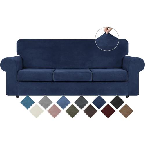 Size Large Color Blue  9 Pieces Velvet High Stretch Couch Covers for 3 Cushion Couch Sofa Slipcovers, Washable Furniture Protector with Non Slip Elastic Bottom, Feature Soft and Thick Plush Fabric, Navy Blue, Large