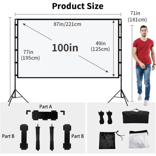 TOWOND Projector Screen with Stand, 100 inch Outdoor Projector Screen Portable Indoor Projection Screen 16:9 4K Rear Front Movie Screen with Carry Bag for Home Backyard Theater 100 inch