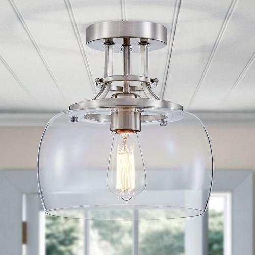 WUZUPS Chandelier Rustic Farmhouse Industrial Round Semi-flushmount Ceiling LED Light Fixture with Clear Glass Shades for Bathroom Kitchen Foyer Entryway, H 10 x W 10, E26 Base, Brushed Nickel