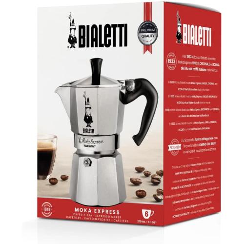 Bialetti Moka Express Iconic Italian Stovetop Espresso Maker 6 Cups, Aluminium, Silver