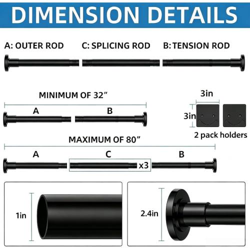 CorkLatta Matte Black Shower Curtain Rod,1 Inch Diameter Stainless Steel Adjustable Spring Tension Rods 32 to 80,with Holders,Anti-Slip,Curtain Rods No Drilling(1 Pack)