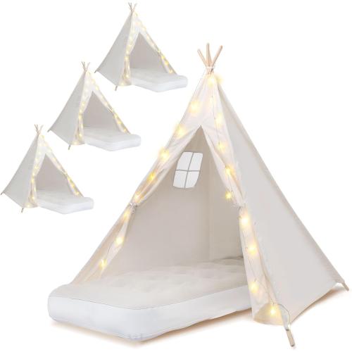 White 4 Pack Teepee Tent for Kids [Thickened] with Light String and Inflatable Airbed, Slumber Party Tents, Sleepover Tents Party for Girls Boys Indoor Outdoor (White)