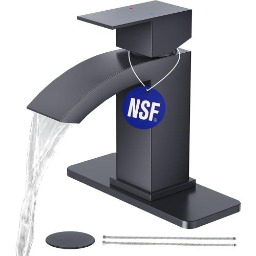 CREA Matte Black Waterfall Bathroom Faucet 1 Hole Single Handle Bathroom Sink Faucet with Pop Up Drain,Stainless Steel RV Vanity Faucet Basin Mixer Tap 3 Hole Plate Water Supply Line