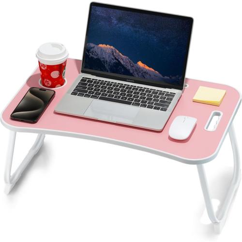 Laptop Bed Desk, Foldable Lap Table, Portable Study Table, Laptop Stand with Cup Holder & Tablet Slot & Lifting Handle for Working Writing Drawing & Eating - Pink