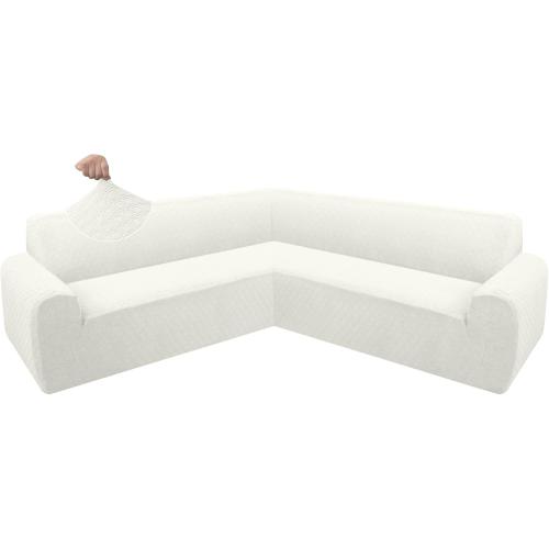 ALIECOM Extra Soft Corner Sectional Sofa Covers L Shaped Couch Cover Sectional Slipcovers with Non Slip Foams Jacquard Stretch U Shape Furniture Protector for Pets Dogs (Ivory White, Large)