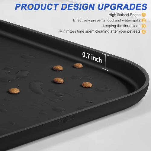 Silicone Pet Feeding Mat with Raised Edge for Food and Water, Dog Bowl Mats, Cat Bowls Placemat with High Lip for Floor Waterproof, Rubber Tray for Cats and Dogs 19 x 12 x0.7 Black