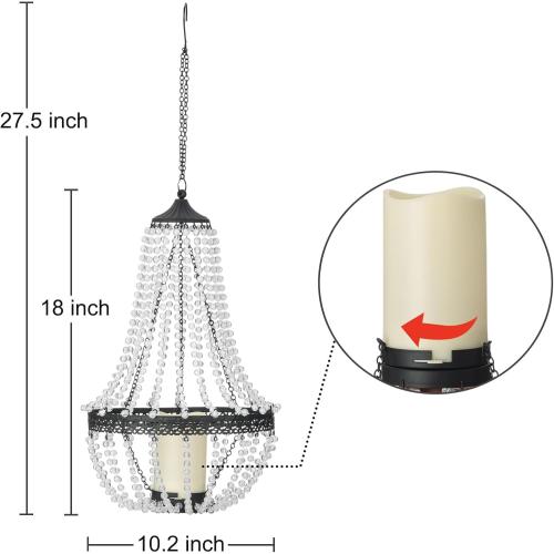 Hanging Candle Lantern Outdoor, 27” Battery Operated Modern Clear Acrylic Crystal Chandeliers with Flickering Yellow Led Candle Light S Hooks for Garden, Backyard, Gazebo, Room Indoor Indoor Decor