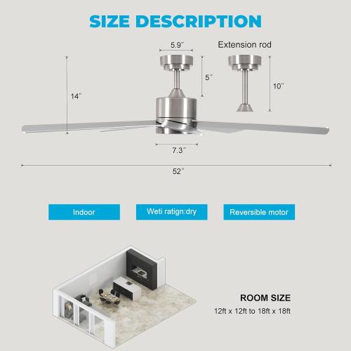 Silver 52 Modern Ceiling Fan with Lights, Remote, 6-Speed DC Motor, Reversible Blades, Matte Finish, Indoor/Outdoor Use