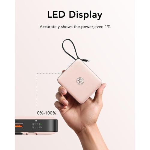 VRURC Mini Portable Charger, 22.5W USB C Fast Charging 10000mAh Pocket Power Bank with Built-in Cable, Battery Pack for iPhone 16 15 14 13 Samsung Galaxy S23 S22 Google Android, Pink(1 Pack)