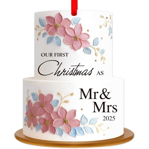 WhatSign Wedding Ornament for Newlywed Couples - Acrylic Our First Christmas as Mr & Mrs 2025 Holiday Decor Cake Shape Engagement Gift Personalized Keepsake for Christmas Tree（2D）