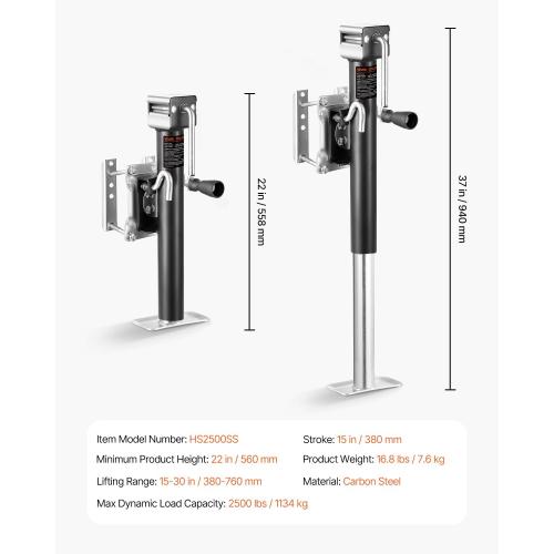 VEVOR Trailer Jack, 2500 lbs Dynamic Load Capacity, Heavy Duty Swivel Bolt-on Trailer Jack with Ergonomic Handle, 15-inch Vertical Travel, Suitable for RV, Horse, Utility, Camping and Yacht Trailers