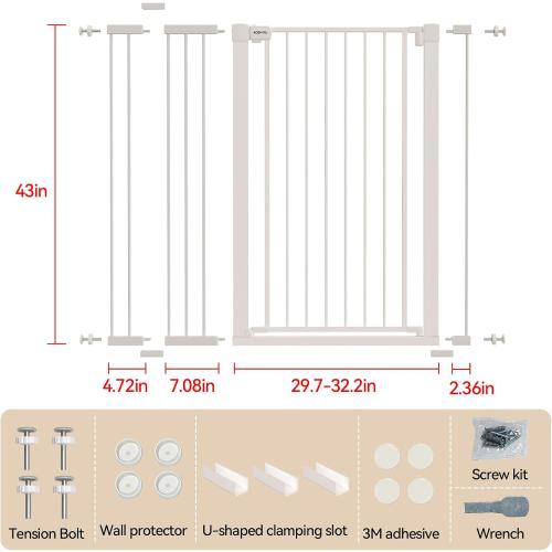43 inch Tall Safety Dog Gate Adjustable 29.7-45.2 inch Extra-Wide Metal Pet Gate Drill-Free Pressure-Mount Installation kit Self-Closing Cat Gate for Stairwells、Doorways（White）