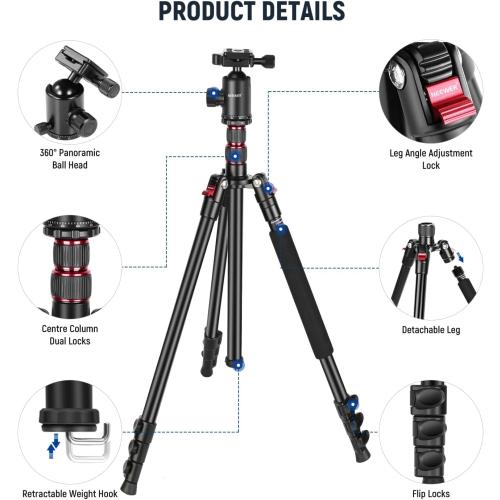 NEEWER 77” Camera Tripod Monopod with Phone Holder, Portable Travel Tripod with Remote, 360° Ball Head, 2 Axis Center Column, Arca QR Plate and Bag, Aluminum DSLR Tripod 34lb Max Load, TP77