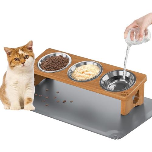 Elevated Cat Bowls with 3 Stainless Steel Bowls | 15° Tilted Anti-Vomiting Raised Cat Food Bowl with Solid Wood Stand and Silicone Pad for Cats and Small Pets Bowl(Warm Chestnut)