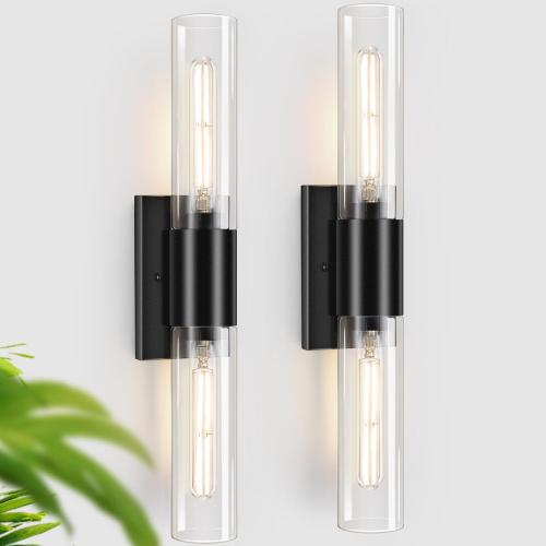 Wall Sconces Set of Two, Black Bathroom Sconces Wall Lighting with Clear Glass Modern Sconces Wall Light Set of 2 Bathroom Light Fixtures Vanity Light for Living Room Bedroom Washroom Hallway