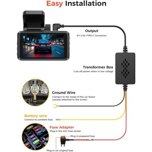 Dash Cam Hardwire Kit,USB-C Adapter Cable for Full-Size Type C Interface Dash Camera,USB C Power Port,24H Parking Monitoring with Low Voltage Protection