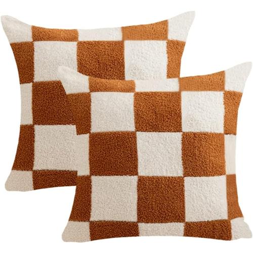 NIDITW Set of 2 Brown Checkered Throw Pillow Covers 18x18 Inches Ultra Soft Microfiber Chessboard Square Cushion Case Home Decor for Sofa Couch Bed (Brown)