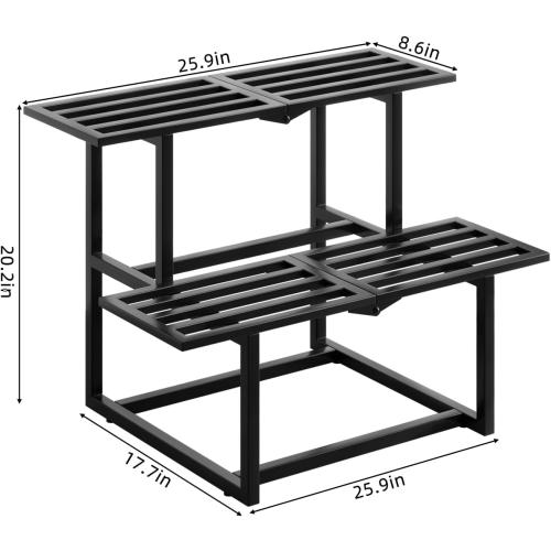 Heavy Duty Plant Stand Indoor Outdoor, Foldable Metal Plant Shelf for Multiple Pots, Mid Century Slatted Bench for Patio Garden, 2 Tier Black
