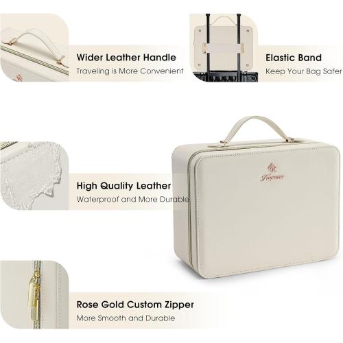 Faquenc Leather Makeup Case with LED Lighted Mirror 11.4 Inch Travel Makeup Bag Adjustable Brightness in 3 Colors Cosmetic Organizer Artist Storage Bag with Dividers Brush Holder Bag Vanity White