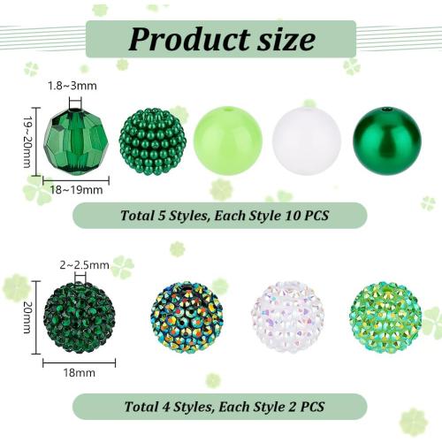 PH PandaHall 58pcs Green Bubblegum Beads, 20mm Acrylic Chunk Beads Focal Bead 9 Style Pen Bead for Spring Necklace Bracelet Keychain Jewelry Making Holiday