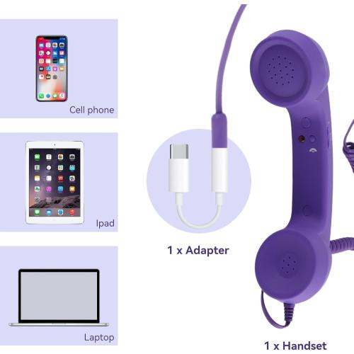 Telephone Handset for Cellphone, Retro Phone Handset with 3.5mm Jack Mobile Phone Receiver Old Telephone Headset Handheld Receiver for Cell Phone(Purple)