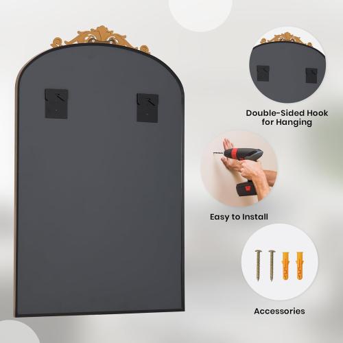 Filigree Arched Wall Mirror 26x38 Retro Wall-Mounted Mirror with Vintage Ornate Carved Applique Hanging Leaning Antique Home Decor Mirror for Fireplace Living Room Entryway Hallway Bathroom, Gold