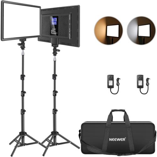 NEEWER 13 LED Video Light Panel Kit, 2 Pack Bi Color Dimmable with Tripod Stand, 4000mAh Battery, 3200K-5600K CRI97 , USB, for Studio/Streaming/YouTube, Black, NL-192AI