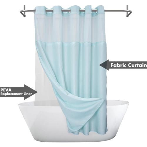 River Dream Extra Long No Hook Slub Textured Shower Curtain with Snap-in PEVA Liner Set - 71 x 86(84), Hotel Style with See Through Top Window, Blue Fabric Curtain & Waterproof Liner, Blue, 71x86
