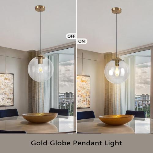 Modern Globe Glass Pendant Light 10” Mid Century Pendant Light Gold Finish Adjustable Hanging Light Fixture Clear Glass Lampshade Kitchen Island Light for Dining Room Bedroom Living Room