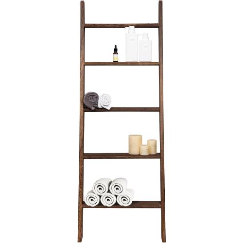 Rustic 5-Tier Wall-Leaning Wood Loadder Towel Racks for Bathroom Livingroom Kithen Office Woden Farmhouse Ladder-Style Blanket Rack Multipurpose Organizer Rack for Home (Brown)