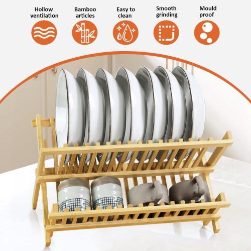 KKTONER Bamboo Dish Drying Rack 2 Tier Foldable Plate Organizer Collapsible Plate Organizer Holder for Kitchen Countertop (Natural)