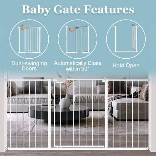 WAOWAO Triple Lock Baby Gate Extra Wide 72.04-76.77 Pressure Mounted Walk Through Swing Auto Close Safety White Metal Dog Pet Puppy for Stairs,Doorways,Kitchen