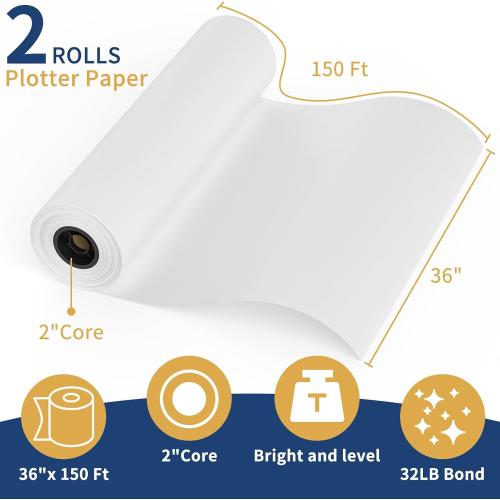 SJPACK Wide Format Plotter Paper Roll - 36 Inches x 150 Feet, 2-Inch Core,Premium Bond Paper for CAD and Inkjet Printing (2-Roll)