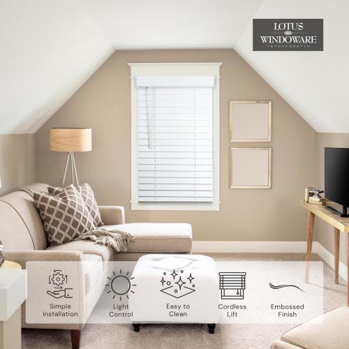 Lotus & Windoware Cordless, 2 Inch Faux Wood Blind, 34.5 Wide x 60 Long, Window Blinds, Blinds & Shades, Blinds for Indoor Windows, Embossed, Bright White