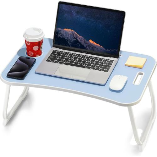 Laptop Bed Desk, Foldable Lap Table, Portable Study Table, Laptop Stand with Cup Holder & Tablet Slot & Lifting Handle for Working Writing Drawing & Eating - Blue