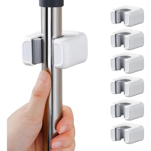 funest 6 Pack Mop and Broom Holder Wall Mount, No Drill Needed Self Adhesive, Non-Slip Mop Grippers for Tile Walls - Kitchen, Bathroom, Garage（White）