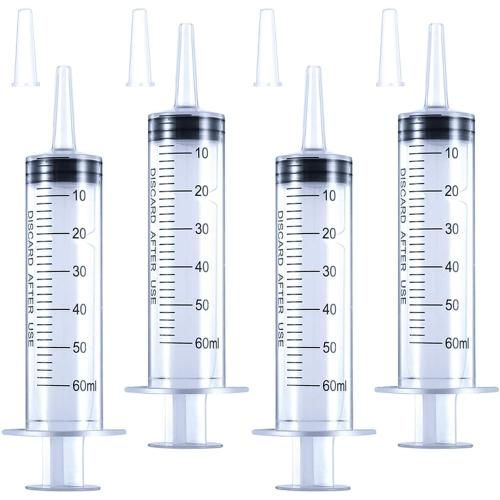 4 Pack 60mL Large Syringe for Liquid with Tip Cap, Plastic Liquid Syringes Individually Sterile Sealed